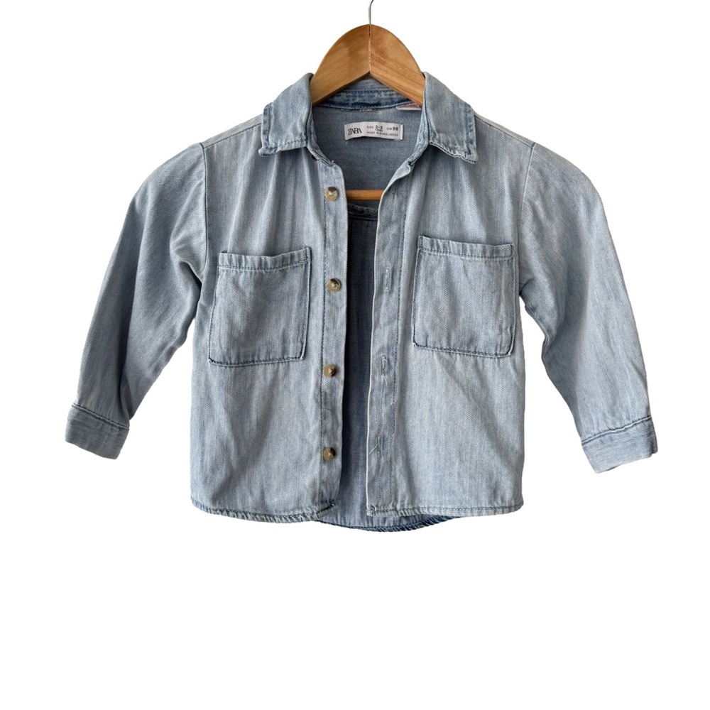 Zara Light Denim Blue Kids Jean Button Up Over Shirt 2/3 years
